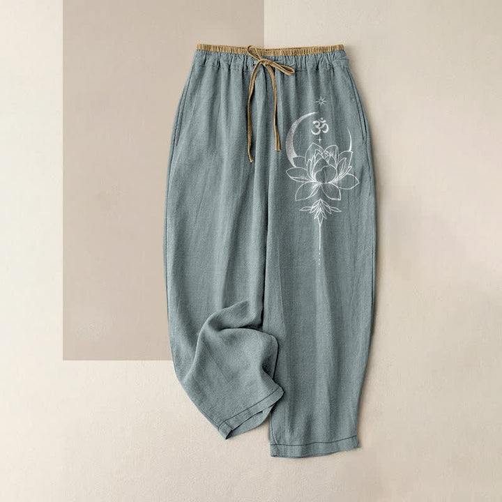 Buddha Stones Pure Cotton Lotus Moon Om Pattern Women's Elastic Waist Pants With Pockets - CadetBlue - US16，UK/AU20，EU48 (3XL) - image 5