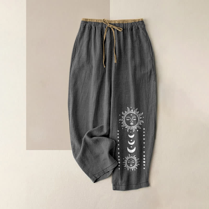 Buddha Stones Pure Cotton Mystic Sun Face Pattern Women's Elastic Waist Pants With Pockets - DimGray - US16，UK/AU20，EU48 (3XL) - image 4