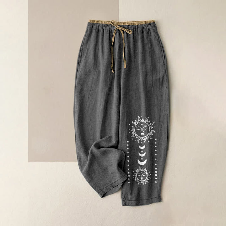 Buddha Stones Pure Cotton Mystic Sun Face Pattern Women's Elastic Waist Pants With Pockets - DimGray - US16，UK/AU20，EU48 (3XL) - image 4