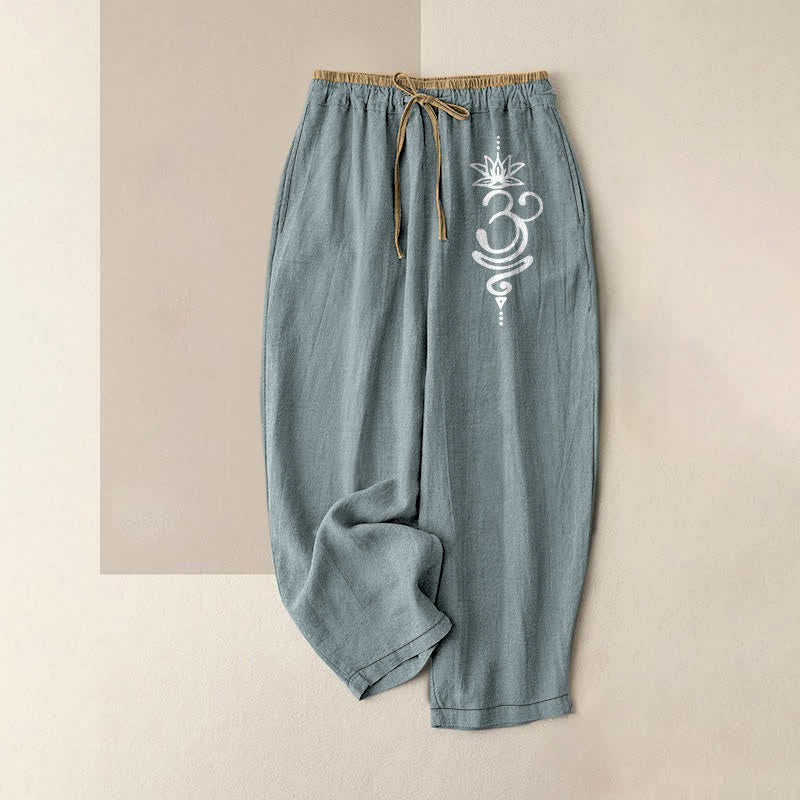 Buddha Stones Pure Cotton Spiritual Om Lotus Pattern Women's Elastic Waist Pants With Pockets - LightBlue - US16，UK/AU20，EU48 (3XL) - image 5