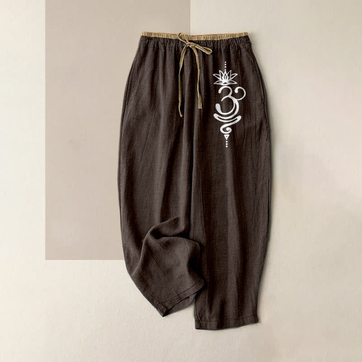 Buddha Stones Pure Cotton Spiritual Om Lotus Pattern Women's Elastic Waist Pants With Pockets - SaddleBrown - US16，UK/AU20，EU48 (3XL) - image 4