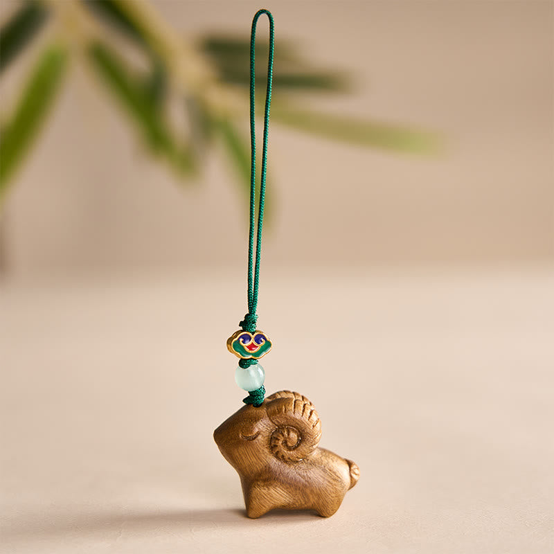 Buddha Stones Hand Carved Sandalwood Goat Positive Keychains - Green - image 0