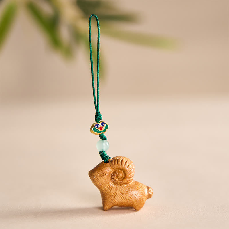 Buddha Stones Hand Carved Sandalwood Goat Positive Keychains - Yellow - image 7