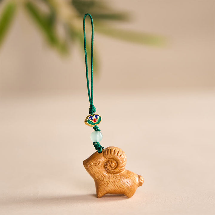 Buddha Stones Hand Carved Sandalwood Goat Positive Keychains - Yellow - image 7