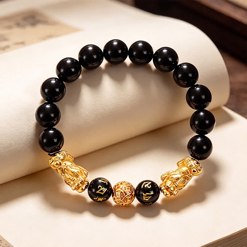 Buddha Stones Black Obsidian Copper Double Pi Xiu Om Mani Padme Hum Wisdom Bracelet - image 1