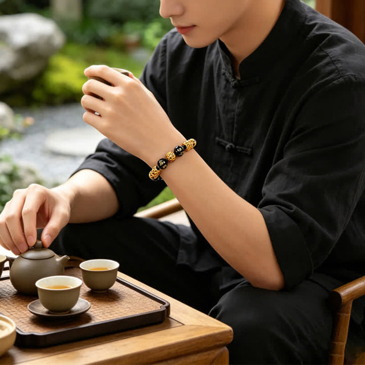 Buddha Stones Black Obsidian Copper Double Pi Xiu Om Mani Padme Hum Wisdom Bracelet - image 3