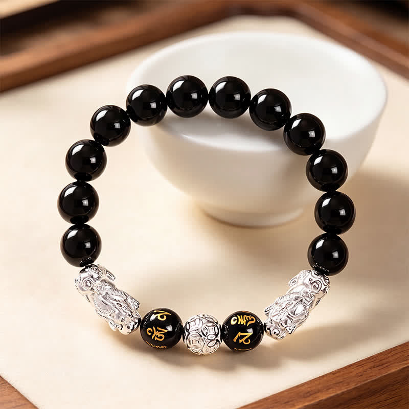 Buddha Stones Black Obsidian Copper Double Pi Xiu Om Mani Padme Hum Wisdom Bracelet - image 11