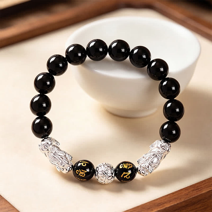 Buddha Stones Black Obsidian Copper Double Pi Xiu Om Mani Padme Hum Wisdom Bracelet - image 11