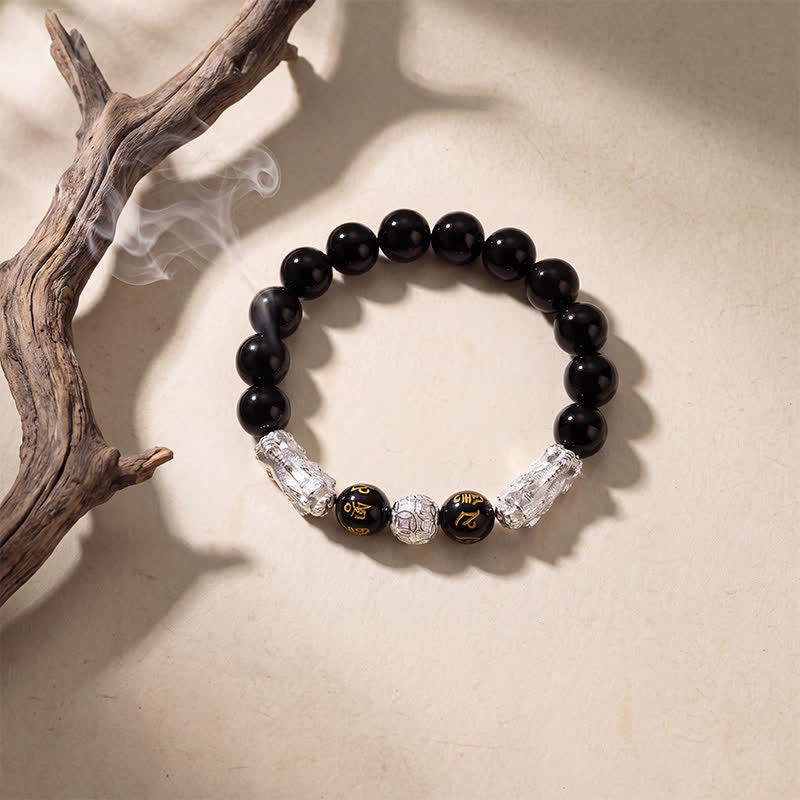 Buddha Stones Black Obsidian Copper Double Pi Xiu Om Mani Padme Hum Wisdom Bracelet - image 10