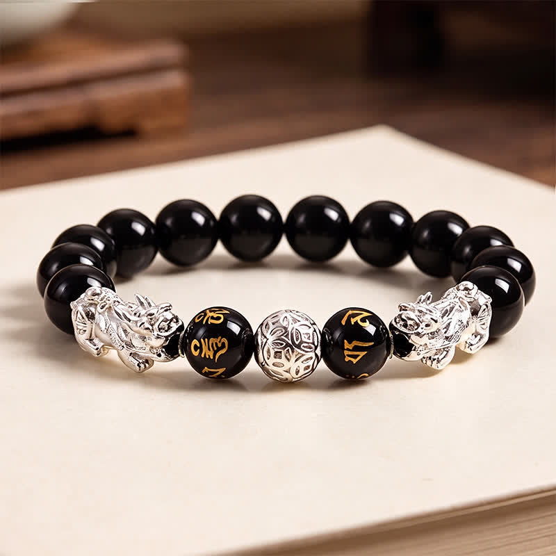 Buddha Stones Black Obsidian Copper Double Pi Xiu Om Mani Padme Hum Wisdom Bracelet - Silvery - image 9