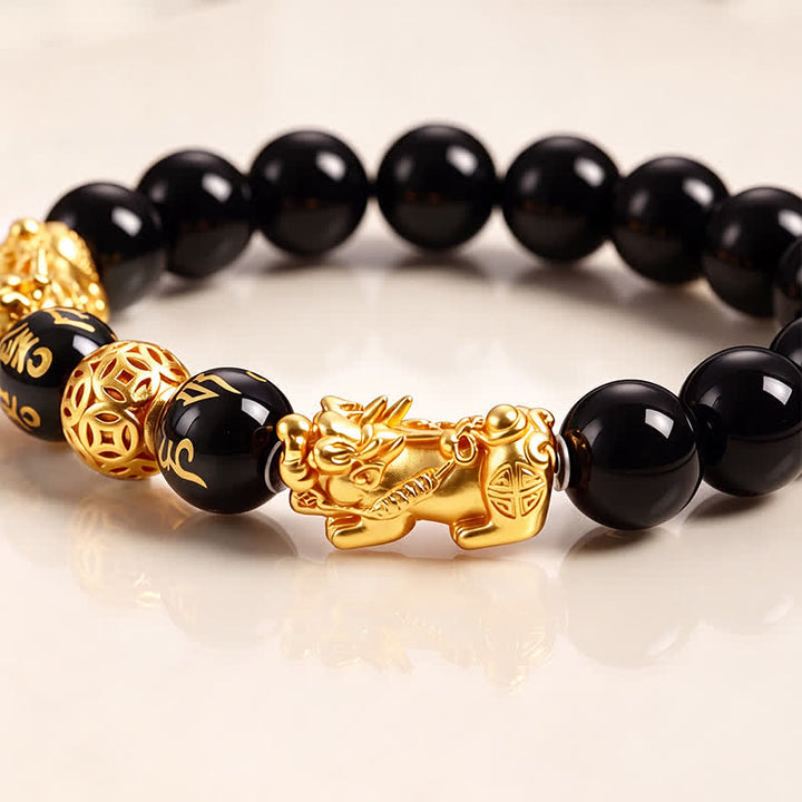 Buddha Stones Black Obsidian Copper Double Pi Xiu Om Mani Padme Hum Wisdom Bracelet - image 2