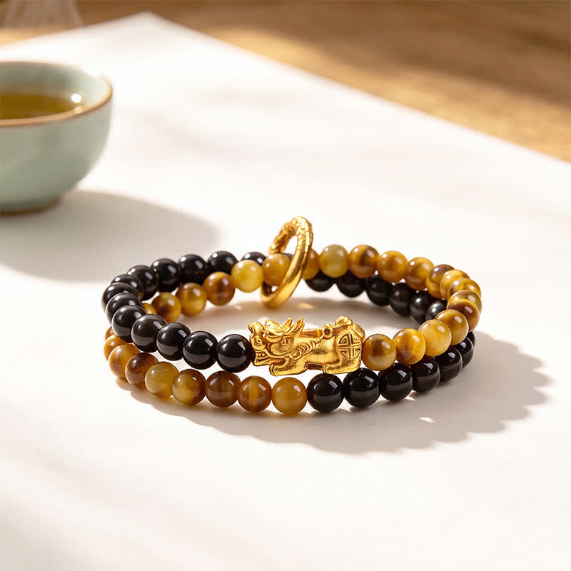 Buddha Stones Tiger Eye Silver Sheen Obsidian Pi Xiu Double Wrap Auspicioisness Bracelet - Yellow Tiger Eye Golden Pi Xiu - image 0