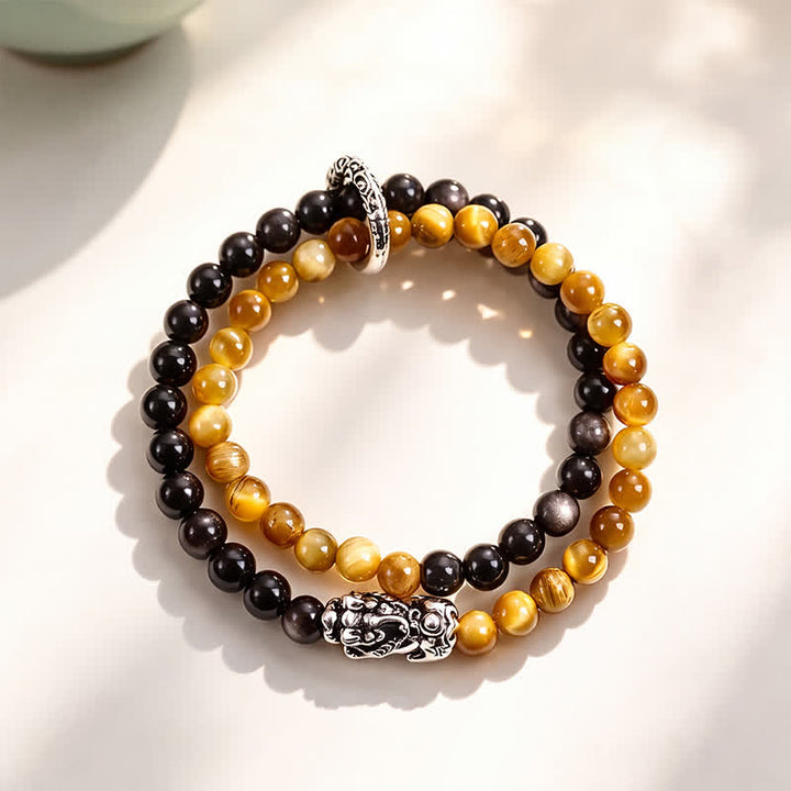 Buddha Stones Tiger Eye Silver Sheen Obsidian Pi Xiu Double Wrap Auspicioisness Bracelet - Yellow Tiger Eye Silvery Pi Xiu - image 3