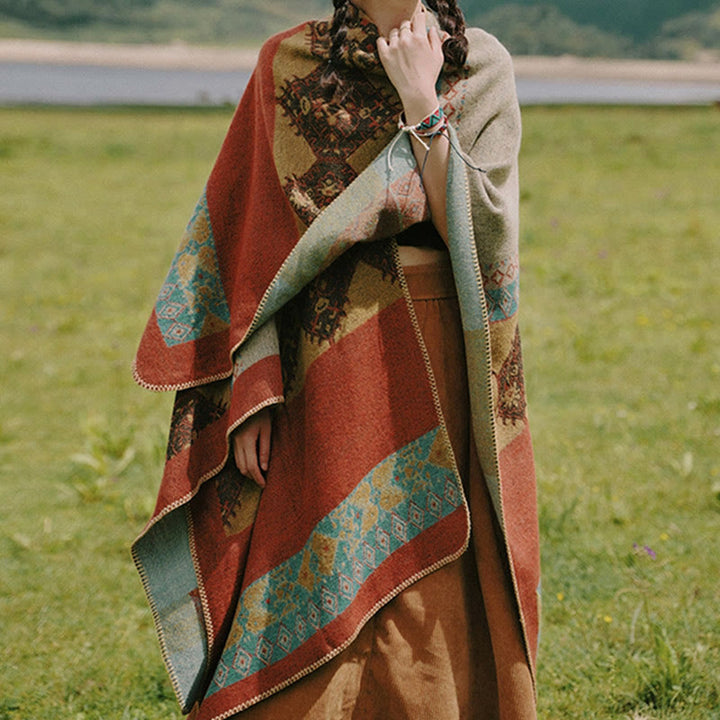 Buddha Stones Tibetan Shawl Diamond Pattern Winter Warm Cloak Scarf - Orange - image 0