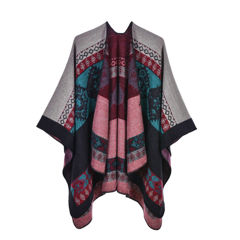 Buddha Stones Tibetan Shawl Diamond Pattern Winter Warm Cloak Scarf - Pink Black - image 17