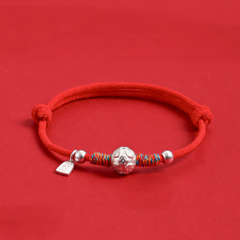 Buddha Stones 999 Sterling Silver Red String Protection Hand-Woven Bracelet - Silvery Chinese Coin Red Cord - image 9