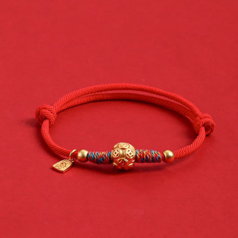 Buddha Stones 999 Sterling Silver Red String Protection Hand-Woven Bracelet - Golden Chinese Coin Red Cord - image 1