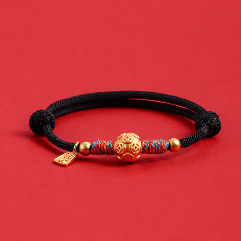 Buddha Stones 999 Sterling Silver Red String Protection Hand-Woven Bracelet - Golden Chinese Coin Black Cord - image 16