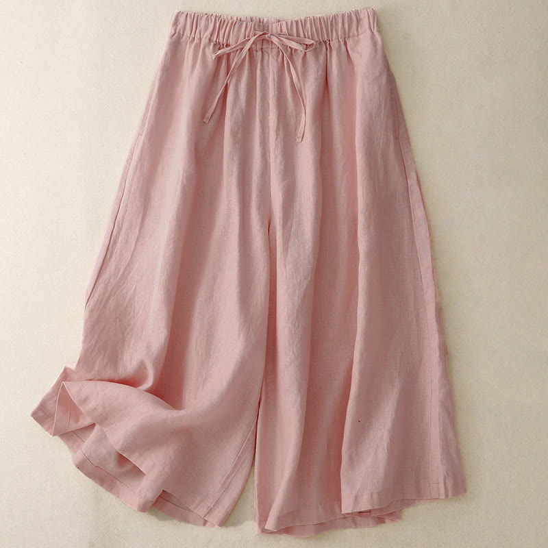 Buddha Stones Summer Elastic Waist Women's Capri Cropped Wide Leg Pants With Pockets - LightPink - US14，UK/AU18，EU46 (3XL) - image 6