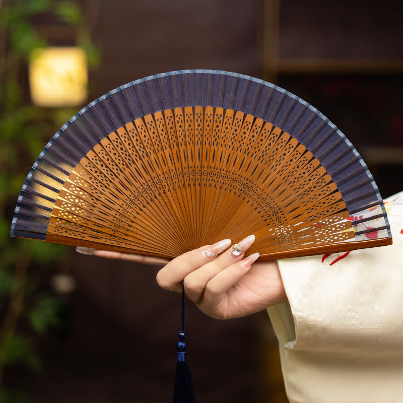 Buddha Stones Inspired Hollow Carved Bamboo Tassel Simple Folding Fan - Blue(Complimentary Tassel) - image 4