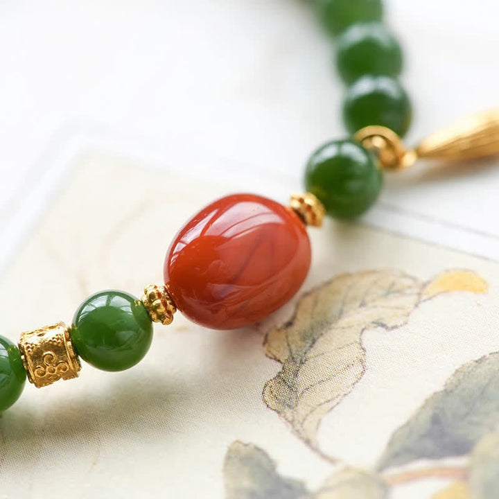 Buddha Stones Spinach Green Hetian Jade Red Agate Luck Bracelet - image 12