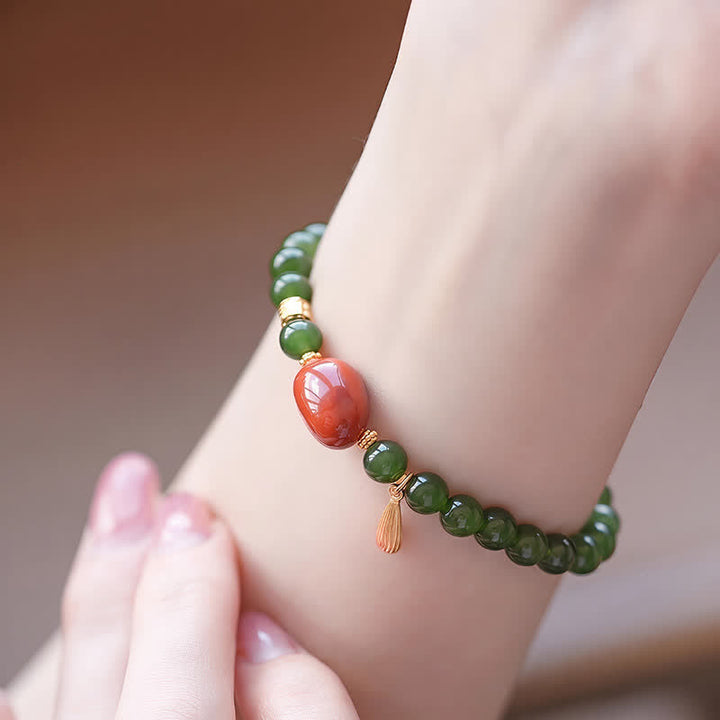 Buddha Stones Spinach Green Hetian Jade Red Agate Luck Bracelet - image 3