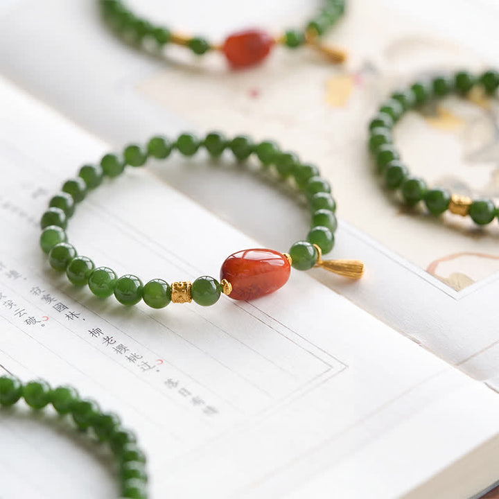 Buddha Stones Spinach Green Hetian Jade Red Agate Luck Bracelet - Natural Jade(Wrist Circumference: 5.5–5.9 in/14–15 cm) - image 0