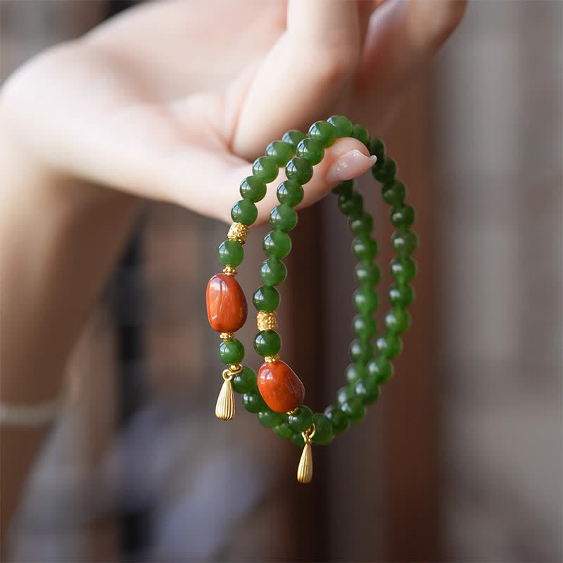 Buddha Stones Spinach Green Hetian Jade Red Agate Luck Bracelet - image 2