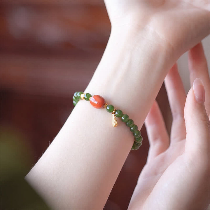 Buddha Stones Spinach Green Hetian Jade Red Agate Luck Bracelet - image 10