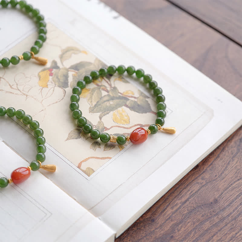 Buddha Stones Spinach Green Hetian Jade Red Agate Luck Bracelet - image 1