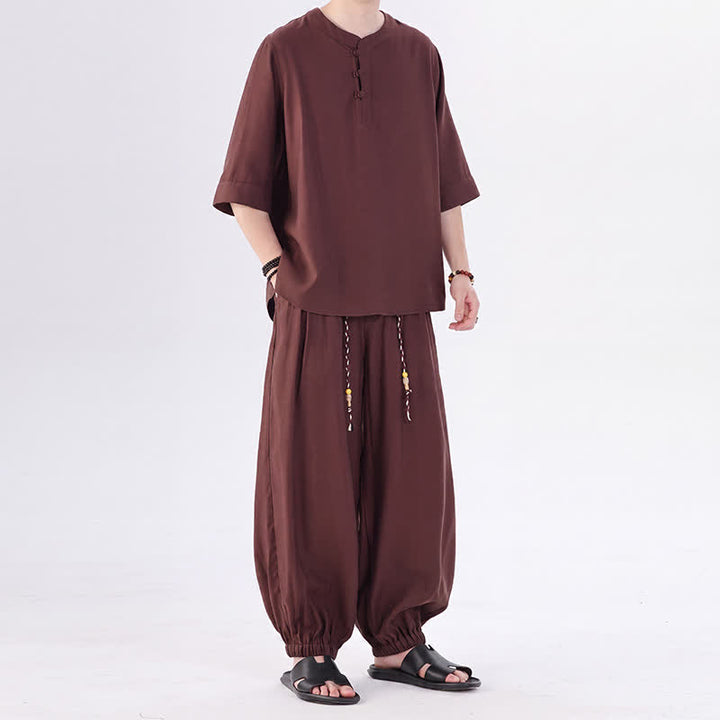 Buddha Stones Spring Summer Tang Style Frog Button Solid Elbow-Length Sleeve Shirt Pants Men's Meditation Cloth With Pocket - image 39