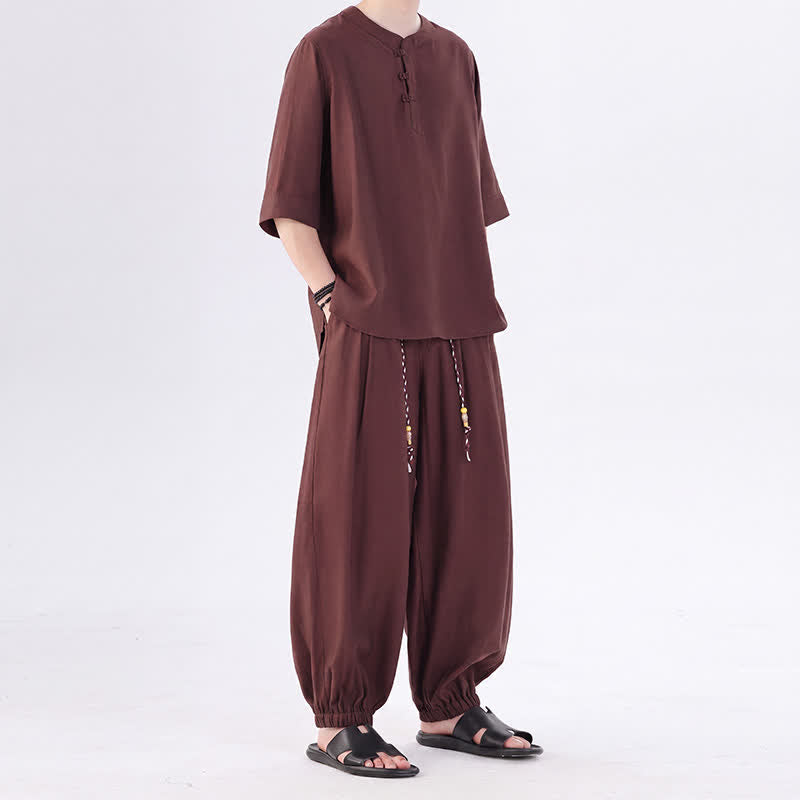 Buddha Stones Spring Summer Tang Style Frog Button Solid Elbow-Length Sleeve Shirt Pants Men's Meditation Cloth With Pocket - image 37