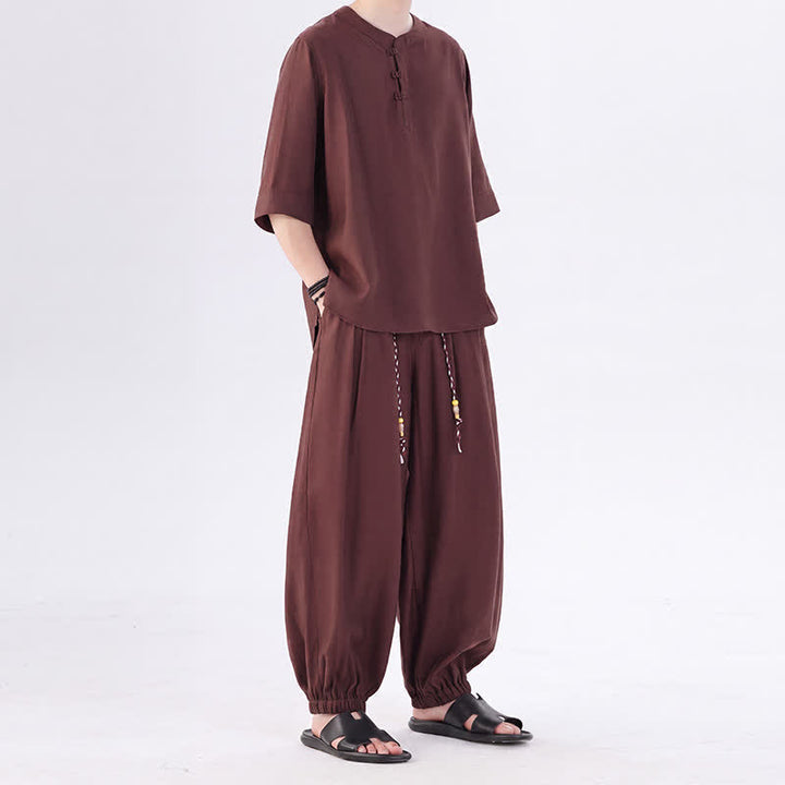 Buddha Stones Spring Summer Tang Style Frog Button Solid Elbow-Length Sleeve Shirt Pants Men's Meditation Cloth With Pocket - image 37