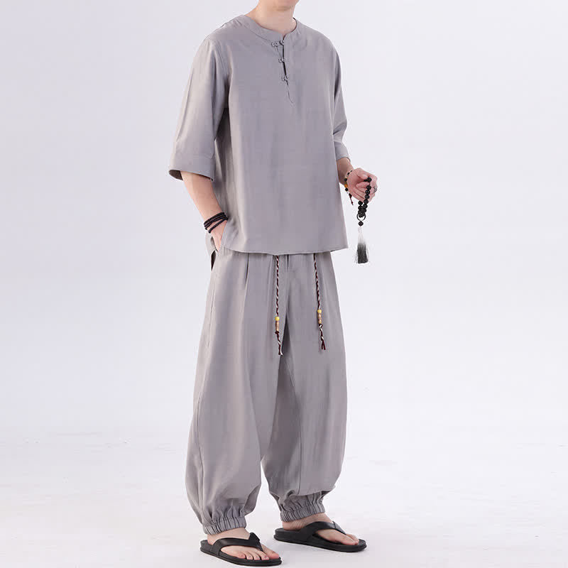 Buddha Stones Spring Summer Tang Style Frog Button Solid Elbow-Length Sleeve Shirt Pants Men's Meditation Cloth With Pocket - image 13