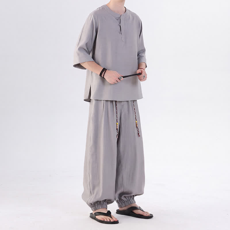 Buddha Stones Spring Summer Tang Style Frog Button Solid Elbow-Length Sleeve Shirt Pants Men's Meditation Cloth With Pocket - image 18