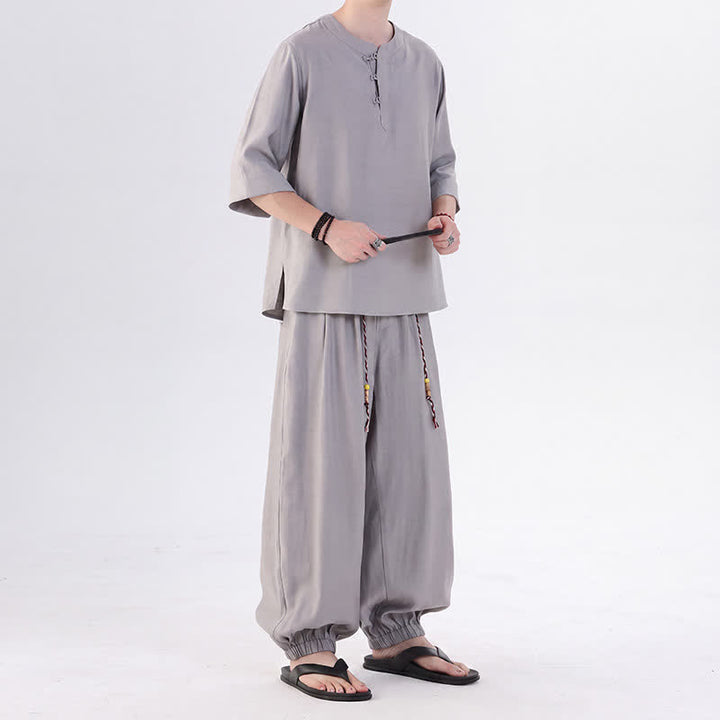 Buddha Stones Spring Summer Tang Style Frog Button Solid Elbow-Length Sleeve Shirt Pants Men's Meditation Cloth With Pocket - image 18