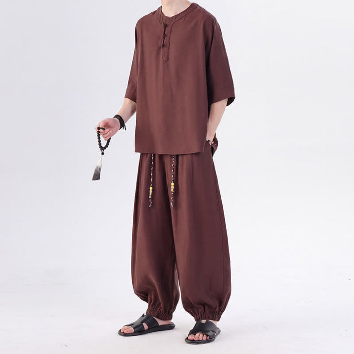 Buddha Stones Spring Summer Tang Style Frog Button Solid Elbow-Length Sleeve Shirt Pants Men's Meditation Cloth With Pocket - image 35