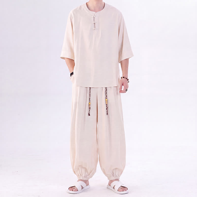 Buddha Stones Spring Summer Tang Style Frog Button Solid Elbow-Length Sleeve Shirt Pants Men's Meditation Cloth With Pocket - image 1