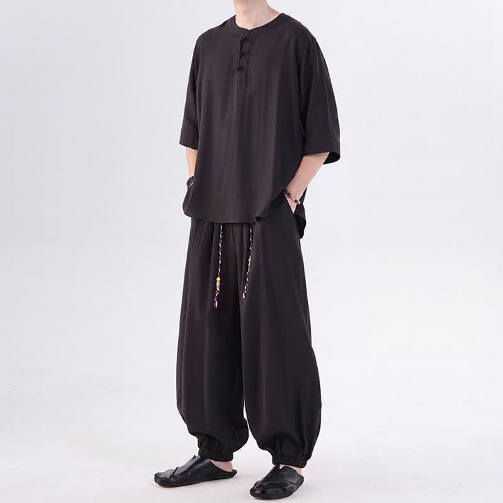 Buddha Stones Spring Summer Tang Style Frog Button Solid Elbow-Length Sleeve Shirt Pants Men's Meditation Cloth With Pocket - image 21