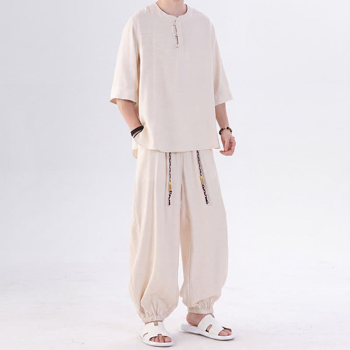 Buddha Stones Spring Summer Tang Style Frog Button Solid Elbow-Length Sleeve Shirt Pants Men's Meditation Cloth With Pocket - image 5