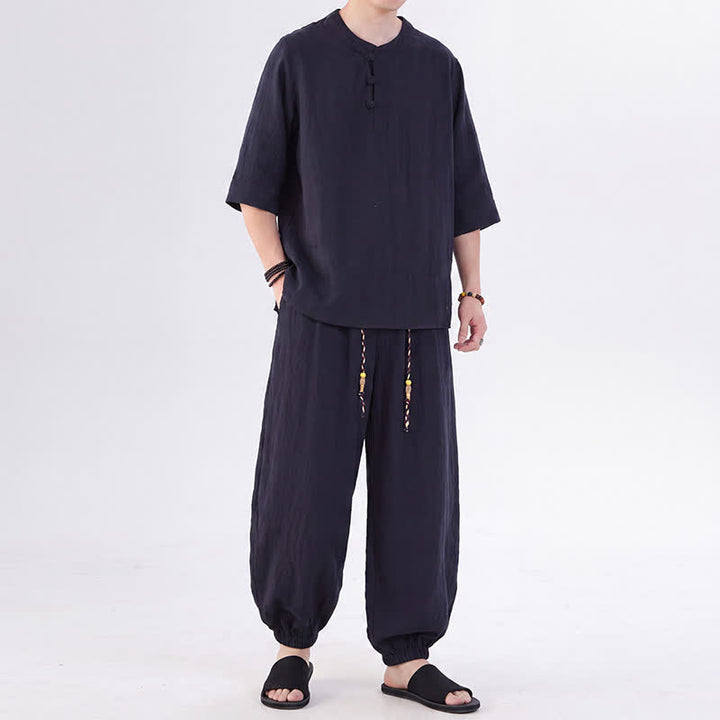 Buddha Stones Spring Summer Tang Style Frog Button Solid Elbow-Length Sleeve Shirt Pants Men's Meditation Cloth With Pocket - image 47