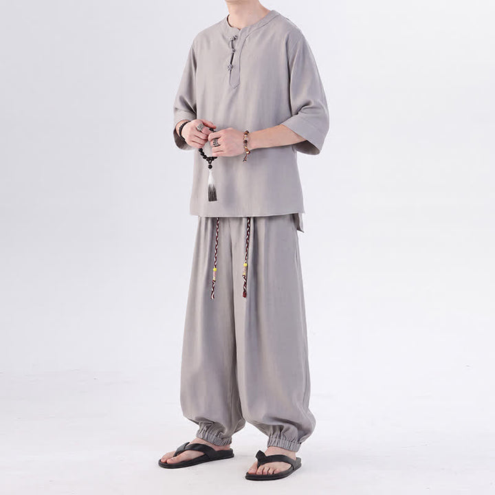 Buddha Stones Spring Summer Tang Style Frog Button Solid Elbow-Length Sleeve Shirt Pants Men's Meditation Cloth With Pocket - image 19