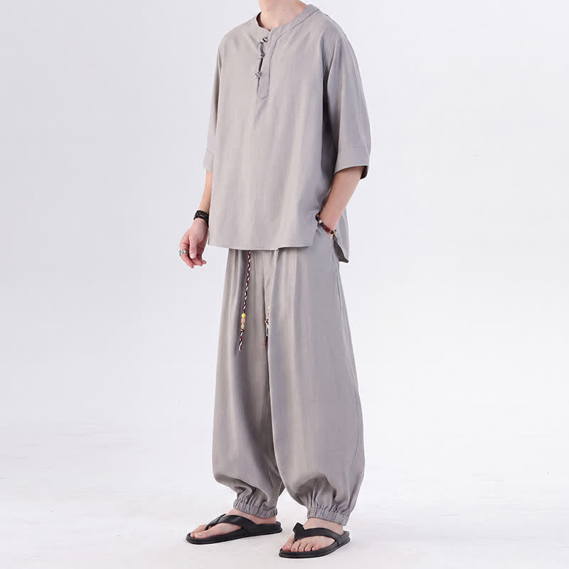 Buddha Stones Spring Summer Tang Style Frog Button Solid Elbow-Length Sleeve Shirt Pants Men's Meditation Cloth With Pocket - image 15