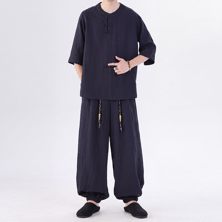 Buddha Stones Spring Summer Tang Style Frog Button Solid Elbow-Length Sleeve Shirt Pants Men's Meditation Cloth With Pocket - image 50