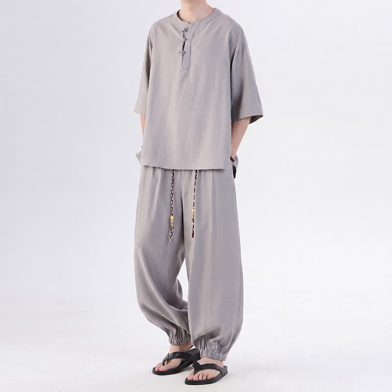 Buddha Stones Spring Summer Tang Style Frog Button Solid Elbow-Length Sleeve Shirt Pants Men's Meditation Cloth With Pocket - image 12