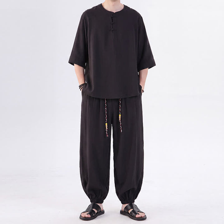 Buddha Stones Spring Summer Tang Style Frog Button Solid Elbow-Length Sleeve Shirt Pants Men's Meditation Cloth With Pocket - Black - US/UK/AU46，EU56 (5XL) - image 20