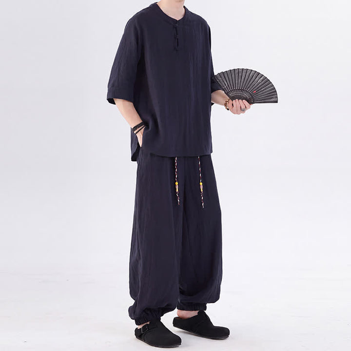 Buddha Stones Spring Summer Tang Style Frog Button Solid Elbow-Length Sleeve Shirt Pants Men's Meditation Cloth With Pocket - image 43