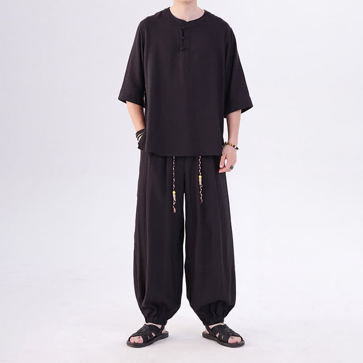 Buddha Stones Spring Summer Tang Style Frog Button Solid Elbow-Length Sleeve Shirt Pants Men's Meditation Cloth With Pocket - image 28