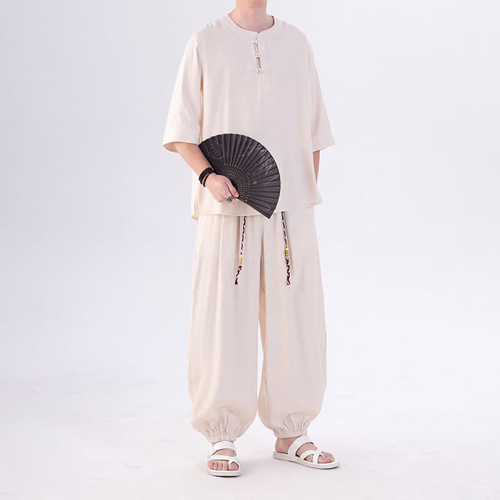 Buddha Stones Spring Summer Tang Style Frog Button Solid Elbow-Length Sleeve Shirt Pants Men's Meditation Cloth With Pocket - image 6