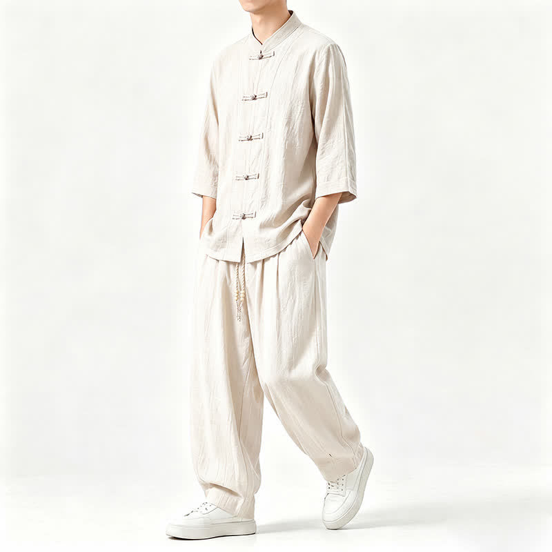 Buddha Stones Spring Summer Tang Style Meditation Frog Button Solid Three-Quarter Sleeve Shirt Pants Men's Meditation Cloth With Pocket - image 21